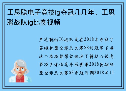 王思聪电子竞技ig夺冠几几年、王思聪战队ig比赛视频